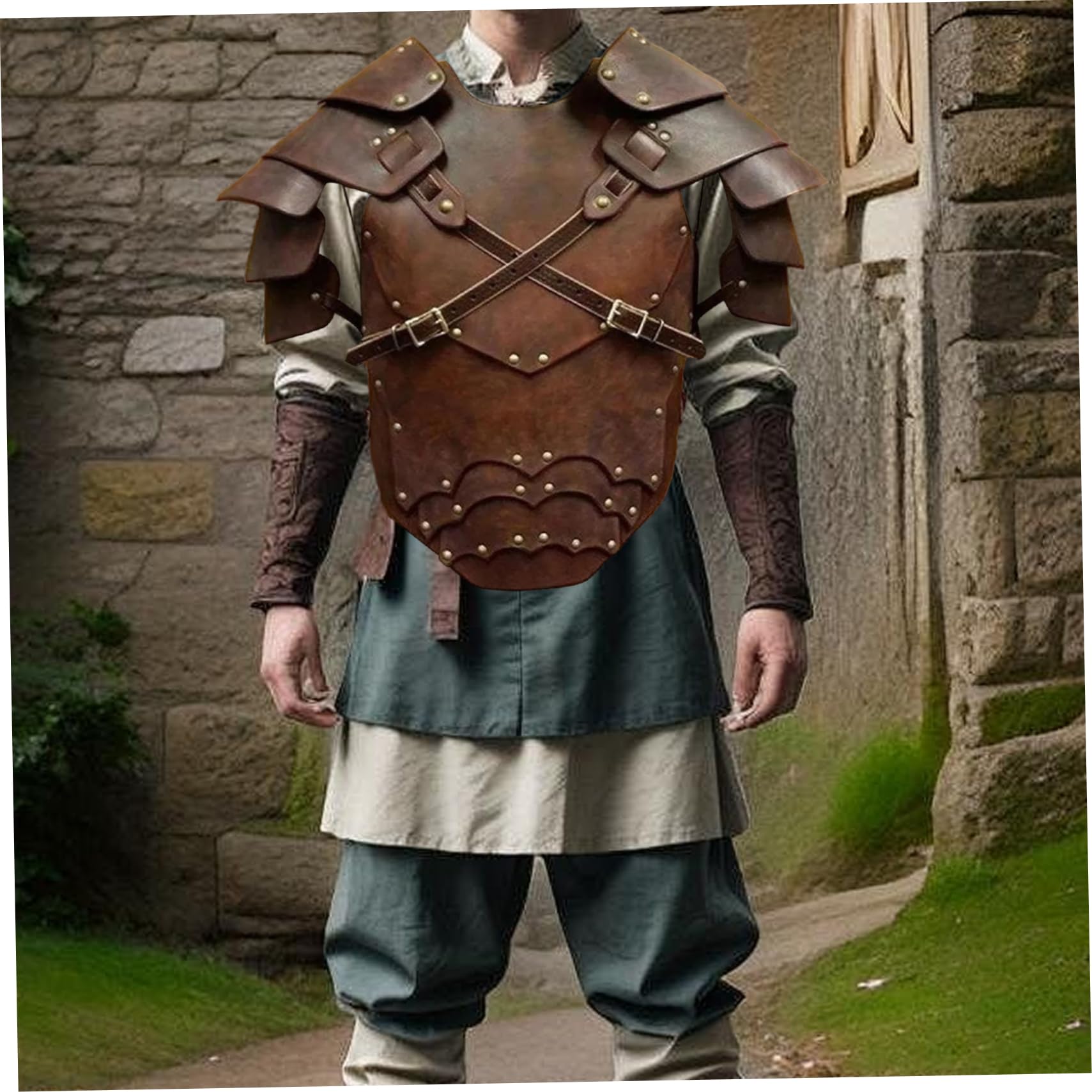 Armatura da Cavaliere Medievale, pettorale in Pelle PU per Uomo, Costume Vichingo Regolabile per la Festa Cosplay di Halloween
