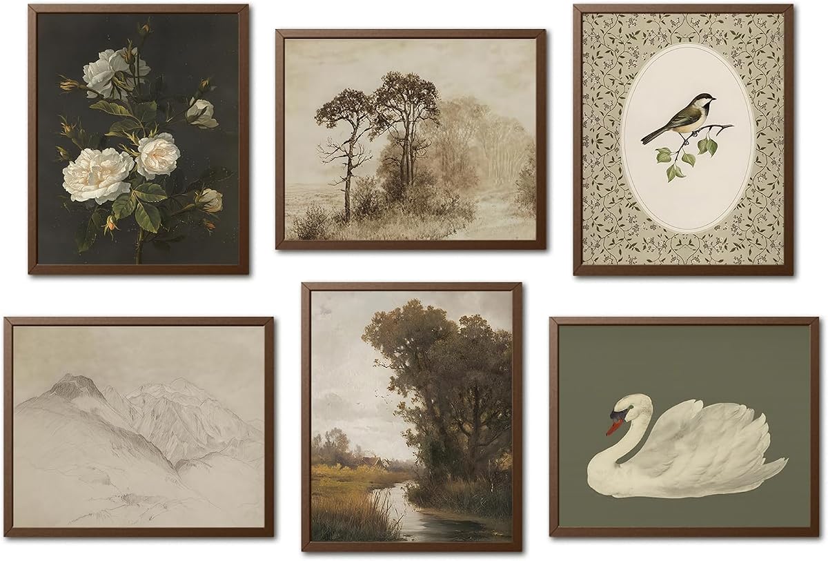 Mynotix Vintage Art Prints Posters Retro Botánico y Animal Wall Art Set de 6, rústico casa de campo paisaje sin marco decoración lienzo cuadro estético para sala de estar dormitorio 8x10 pulgadas