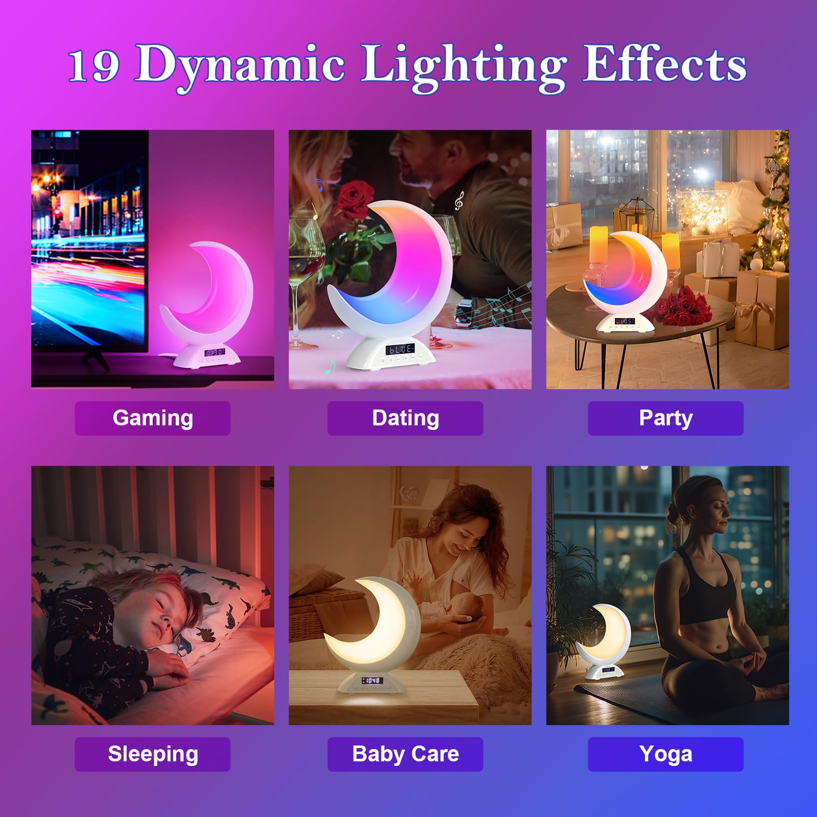 Sveglia luminosa, sveglia con luce, 19 modalità di luce, controllo touch con funzioni dimmerabili, altoparlante Bluetooth, ideale per camera da letto di adulti e bambini