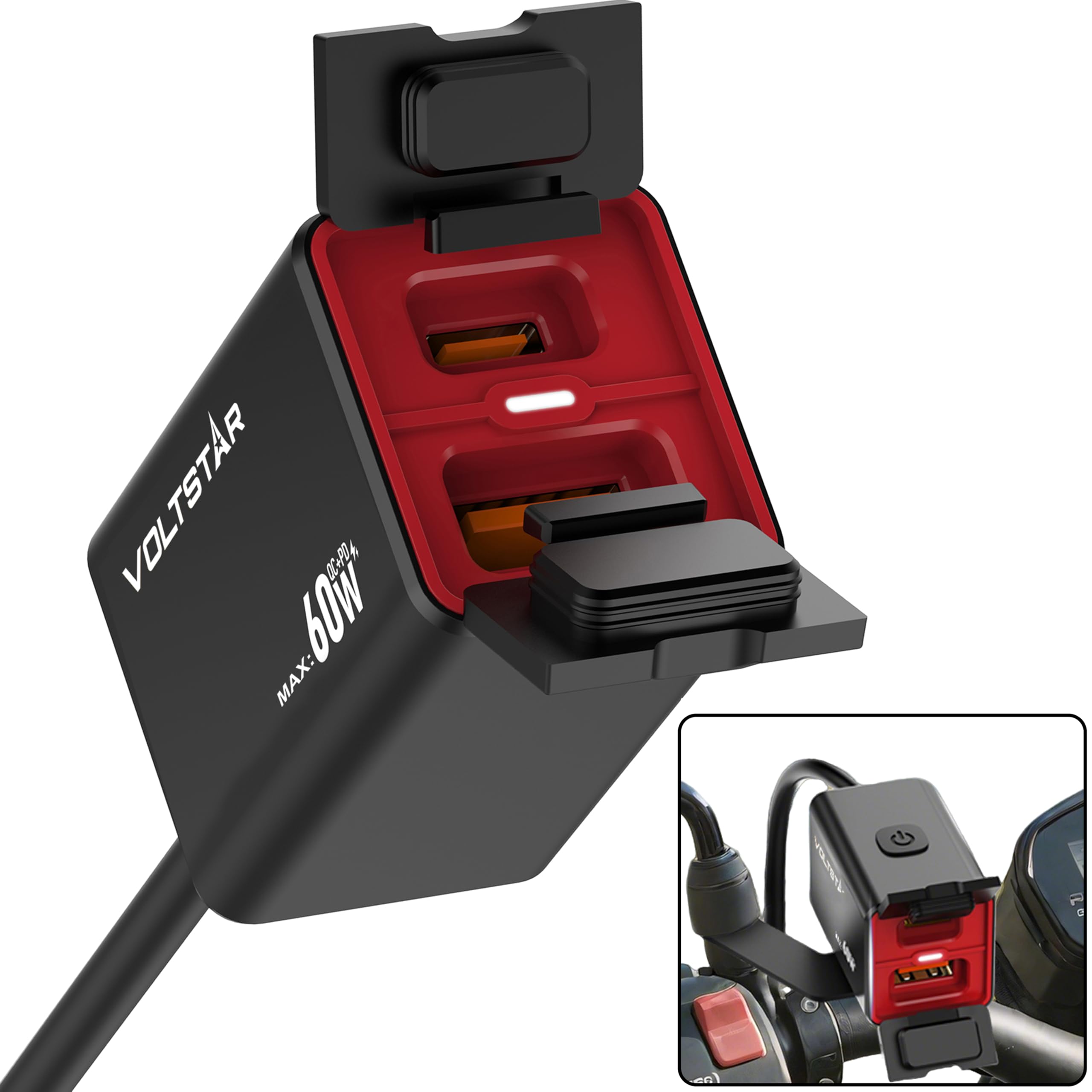 【革新型・60W急速充電】 VOLTSTAR バイク用USB電源 IPX6防水 金属製筐体 Type-C 30W+USB-A 30W 2ポート PD/QC3.0/PPS対応 DC12V〜24V対応 ハンドルバー取付 スマホ/iPhone/GPS対応 8重保護機能 Type-C防水ケーブル付属 日本語説明書 付