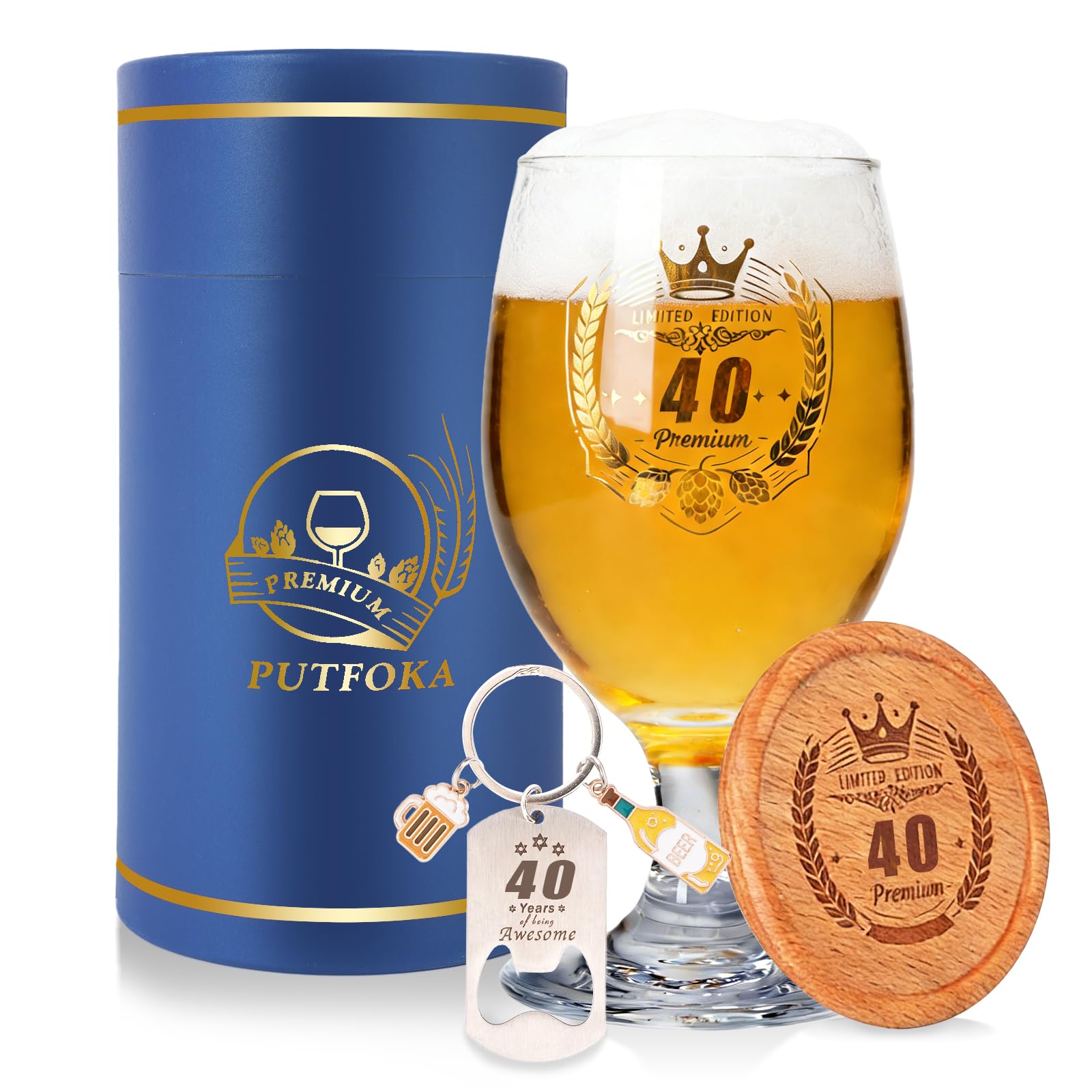 Putfoka 40th Birthday Gifts for Men, Personalised 40th Birthday Decoration Beer Gifts for Men, 410ml Aged 40 Years Custom Beer Glass for Dad, Husband, Uncle, Brothers, Friends, Boyfriend, Mens Present