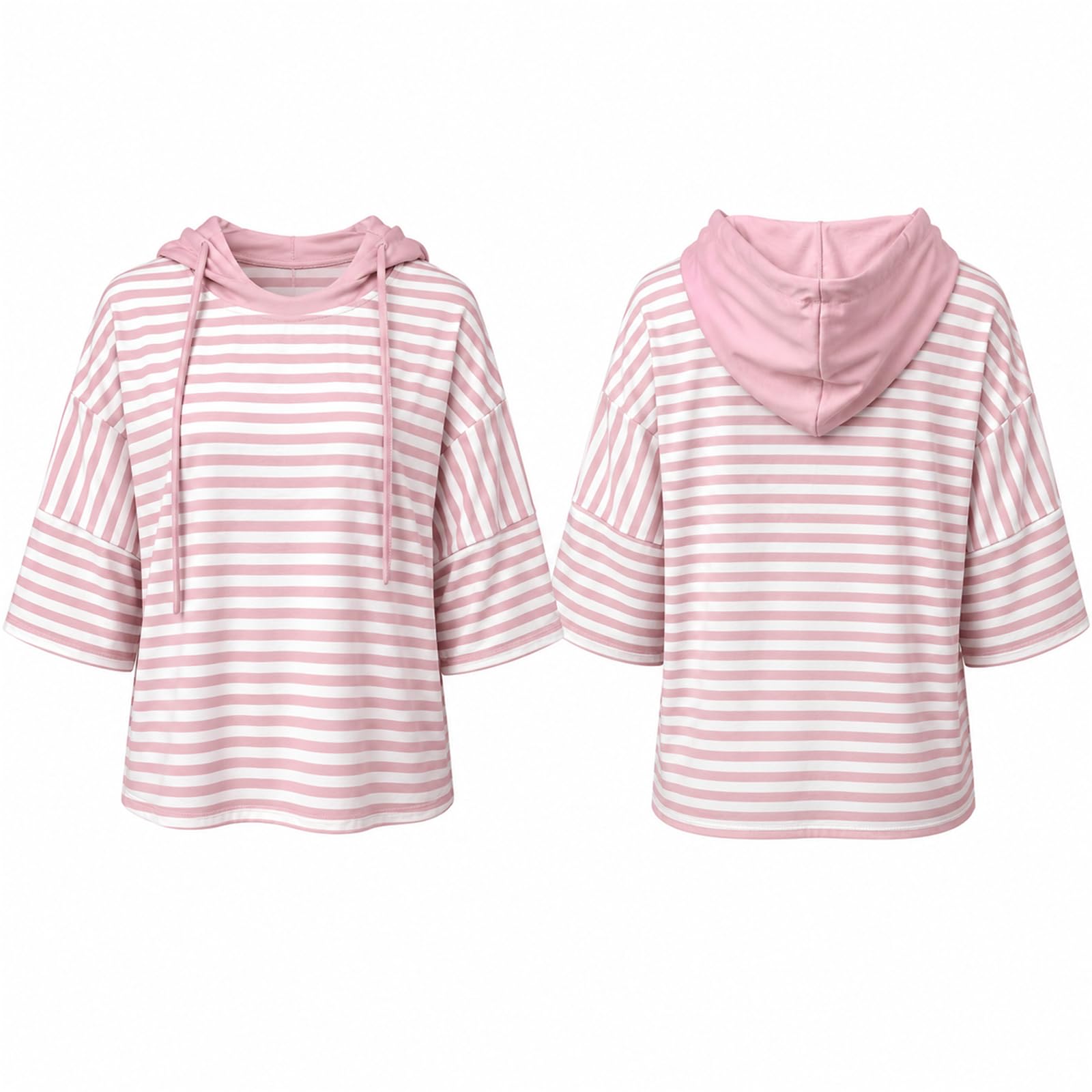 Bluzy z kapturem dla kobiet ze sznurkiem w paski 3/4 rękaw pulower bluza | Miękkie, lekkie, na co dzień z długim rękawem, topy z kapturem z odkrytymi ramionami, jesienne modne ubrania 2026