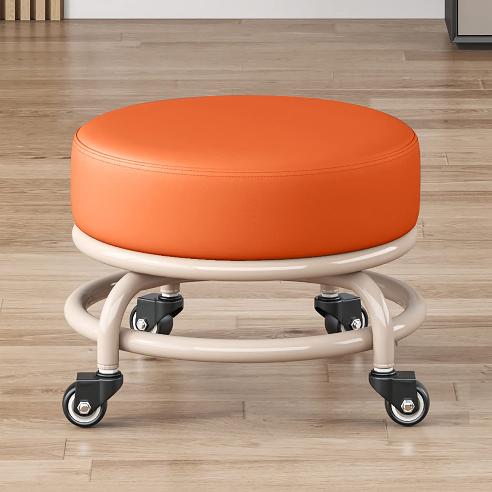 Runder Rollhocker, Schönheitshocker, Stuhl, niedriger Hocker mit Rädern, Rollsitz, kurzer Rollhocker mit universellen Lenkrollen, niedriger kleiner Lederhocker auf Rädern für die Garage zu Hause
