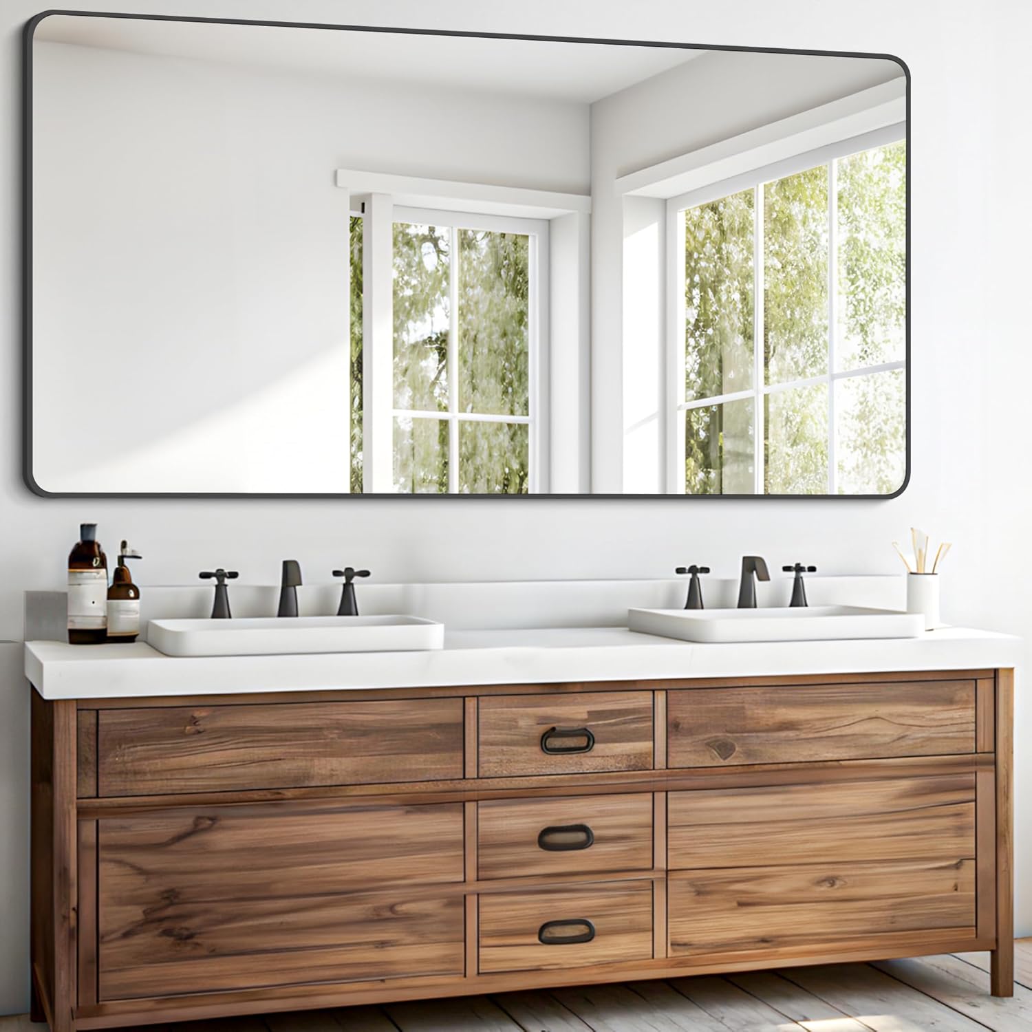 FORBATH Bathroom Mirror 30" X 60",Large Rectangular Wall Mirror, Black Metal Framed Rounded Corner Wall Mounted Mirror for Bathroom Bedroom Entryway Decor(Horizontal/Vertical) - Image 3