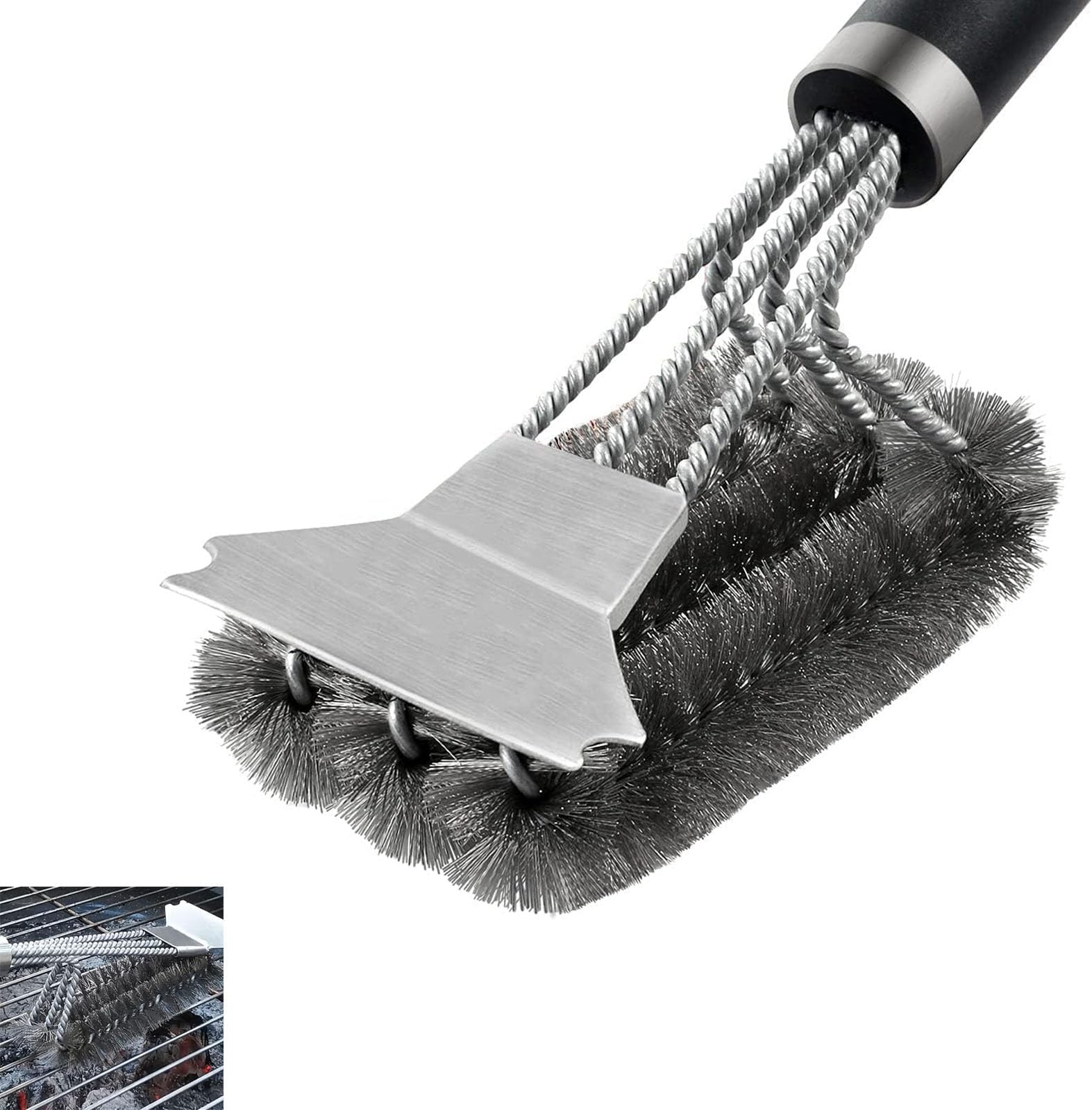 3 in 1 Grill Scraper, Rust Resistant Stainless Steel Bbq Brush with Hook, Safe Wire Scrubber, 45cm Extra Strong Grill Cleaning Brush for Outdoor Grill (Black)
