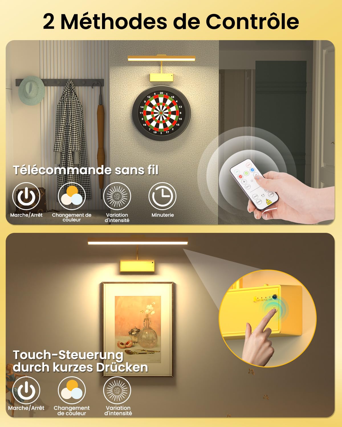 Applique Murale pour Tableaux, Eclairage Tableau sans fil Rechargeable 3000mAh avec Télécommande et Minuterie, Lampe Murale LED Magnétique Dimmable pour Art, Galerie, Cible de Fléchettes, Or