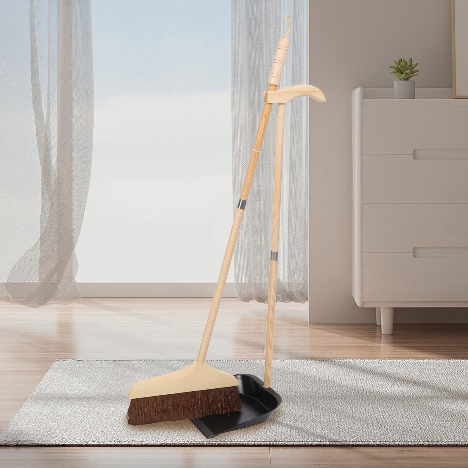 Didiseaon Juego de Escoba y Recogedor de Madera Fibras de Palma y Mango Ergonómico para Limpieza Eficaz Hogar y Ahorro
