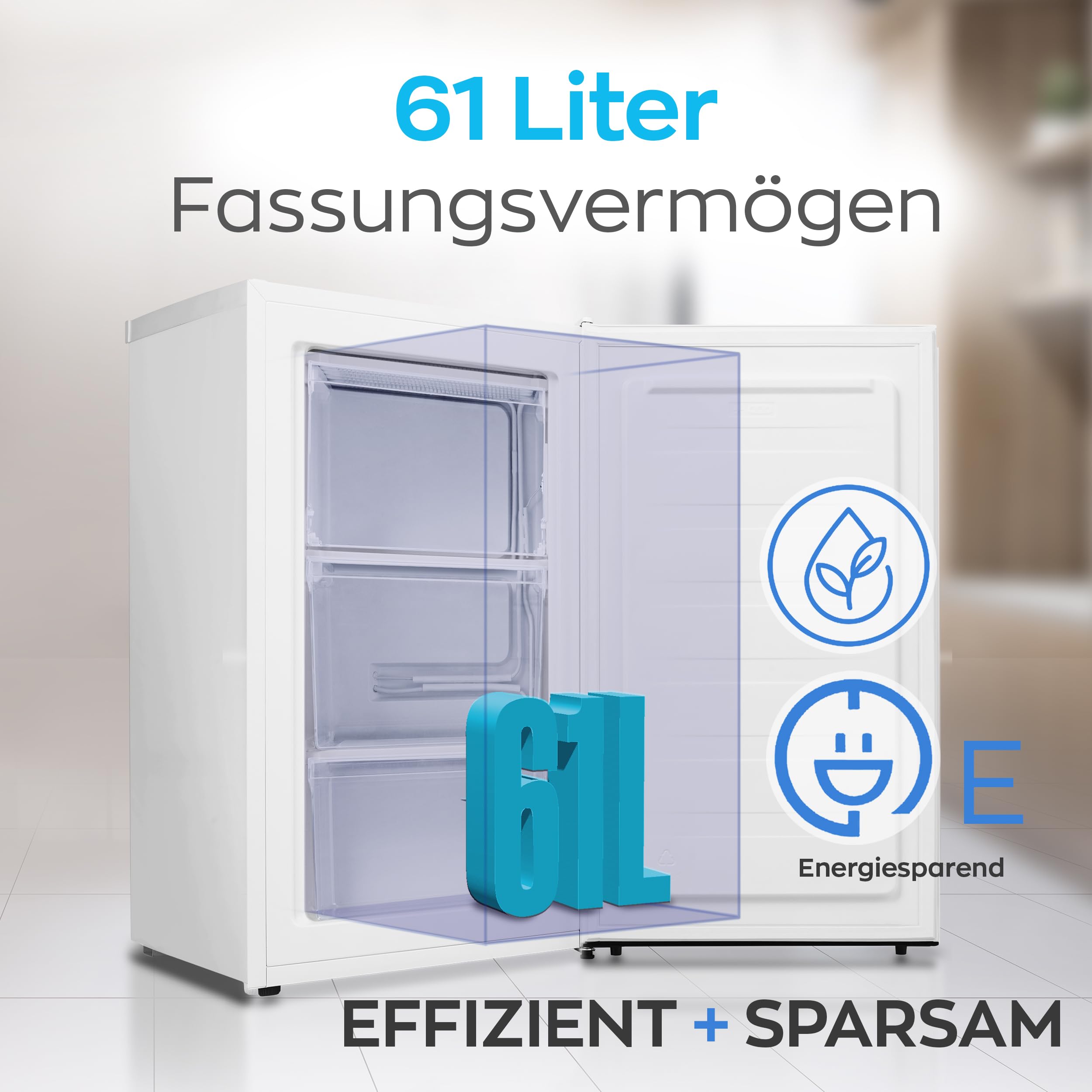 Heinrich´s Gefrierschrank 61Liter, Mini, -18°C Freezer, 3x Gefrierschublade, 7 Stufen Temperaturregler, Airflow, wechselbarer Türanschlag weiß