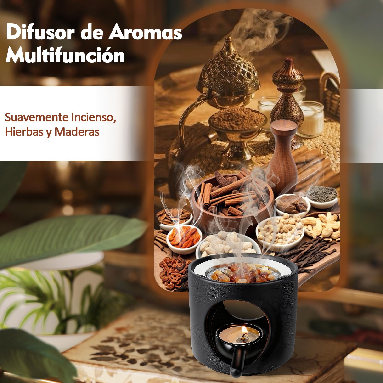Quemador Aromática de Cerámica con Portavelas, Difusor de Aceite Aromático y Cera Aromática, Quemador de Fragancias, Quemadores de Cera con Cuchara de Velas para Aromaterapia, Decoración del Hogar