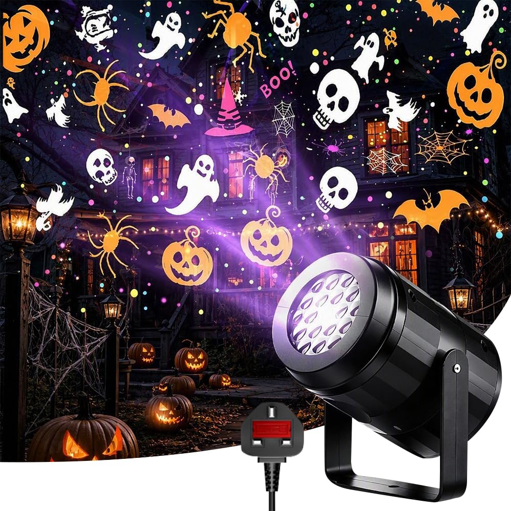 Halloween Projector Light, Ghost Projectors with 16 Dynamic Ghost Lighting Effects, Halloween Decorations LED Projector for Outdoors & Indoors Home Garden Window Halloween Decorations, UK Plug