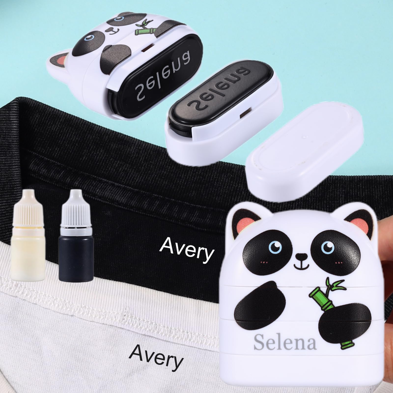 Upgraded Personalized Clothing Stamps for Kids - Double Custom Name Stamp for Clothes & School Supplies - Waterproof White & Black Ink (White Panda)
