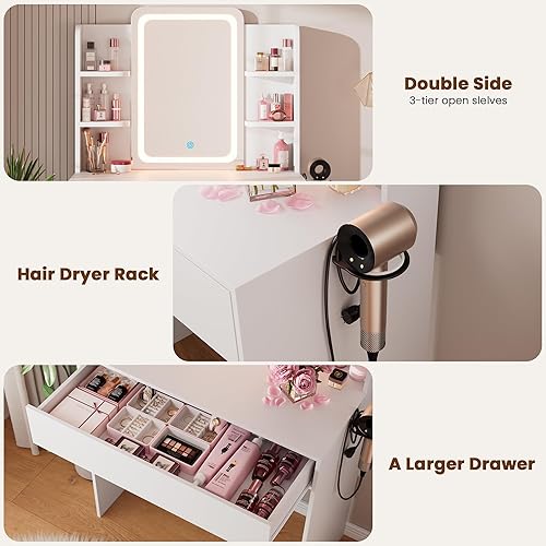 Vista 6 de HAIOOU Escritorio pequeño con espejo y luces, escritorio de maquillaje con cajón de almacenamiento, tocador compacto con estante abierto de 3