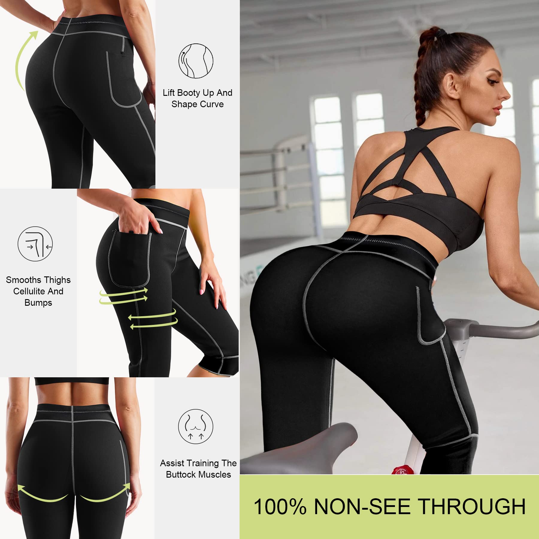 TrainingGirl Damskie neoprenowe legginsy do sauny spodenki dresowe odchudzanie trening bieganie capri wyszczuplające kompresyjne spodnie termiczne, Czarny, L