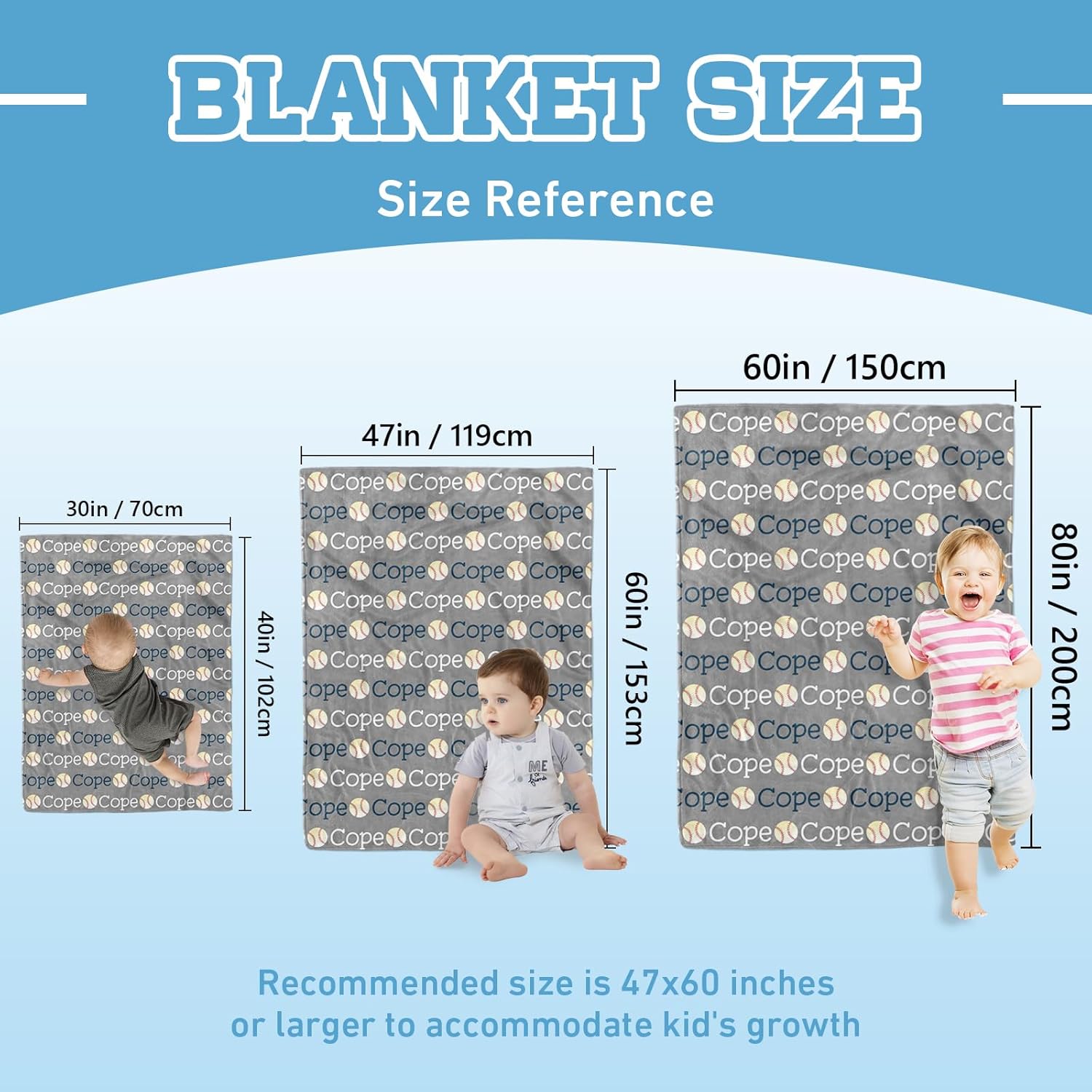 Personalized Name Baby Blanket - Custom Blankets with Grey Baseball, Soft Nursery Crib Blankets with Double Layer Dotted Backing, Receiving Blanket for Baby Toddlers Birthday Gifts