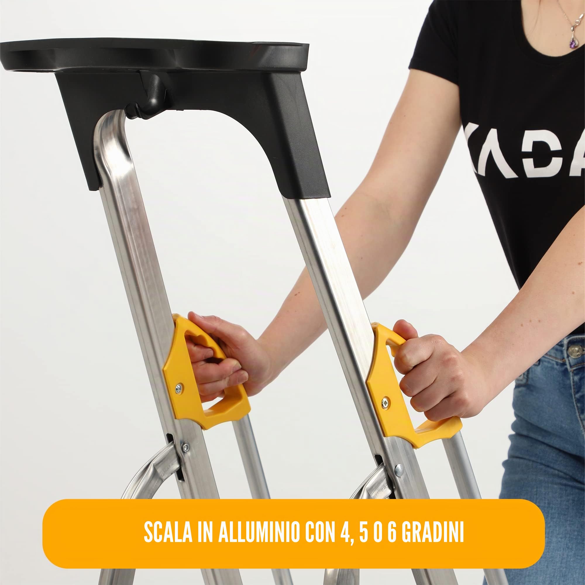 KADAX Scala Portatile in Alluminio, Scaletta Pieghevole con Gradini Antiscivolo e Corrimani Laterali, Portata Fino a 150 kg, Certificata EN 131 (6 Gradini)