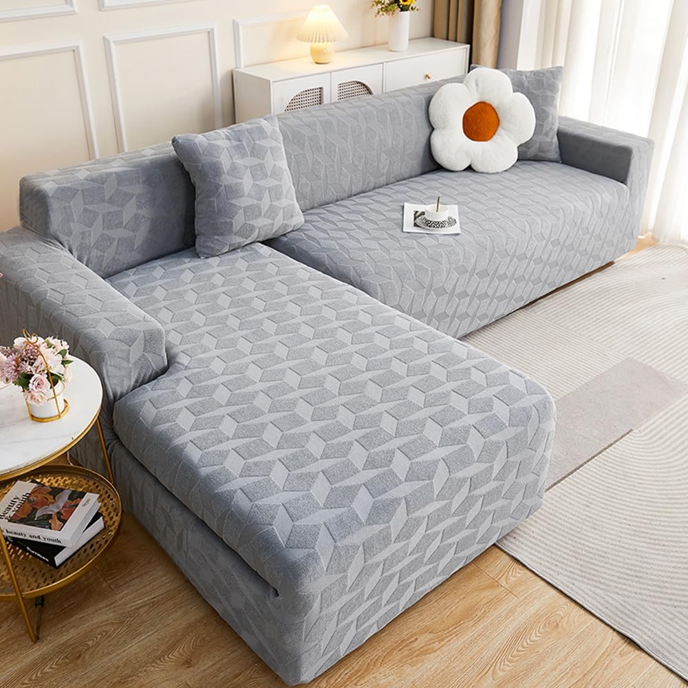 Housse canape d'angle douce et confortable pour salon familial gris foncé