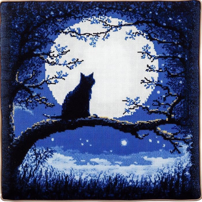 ORLUMY Latch Hook Kits for Adults,Black Cat in Moonlight Beginners DIY Crochet Pillow Kit Pre-Printed Pillowcase Hook and Latch Rug Kits Needlework Cushion Cover for Home Sofa Decoration 17X17 Inch