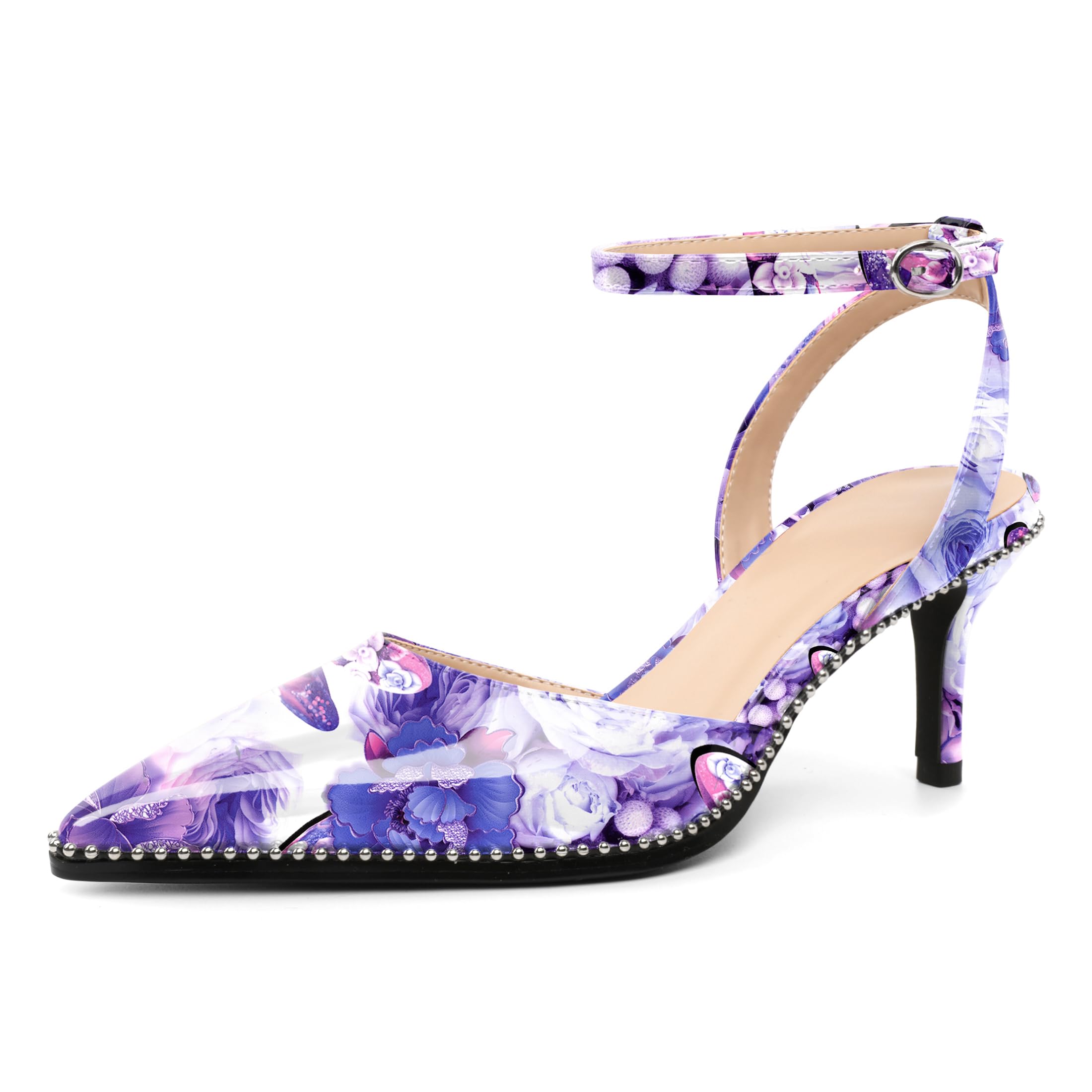 SAMMITOP Kitten Heels for Women Low Heel Closed Toe Ankle Strap Pumps Wedding Party Beaded Dress Shoes 2.4 Inch
