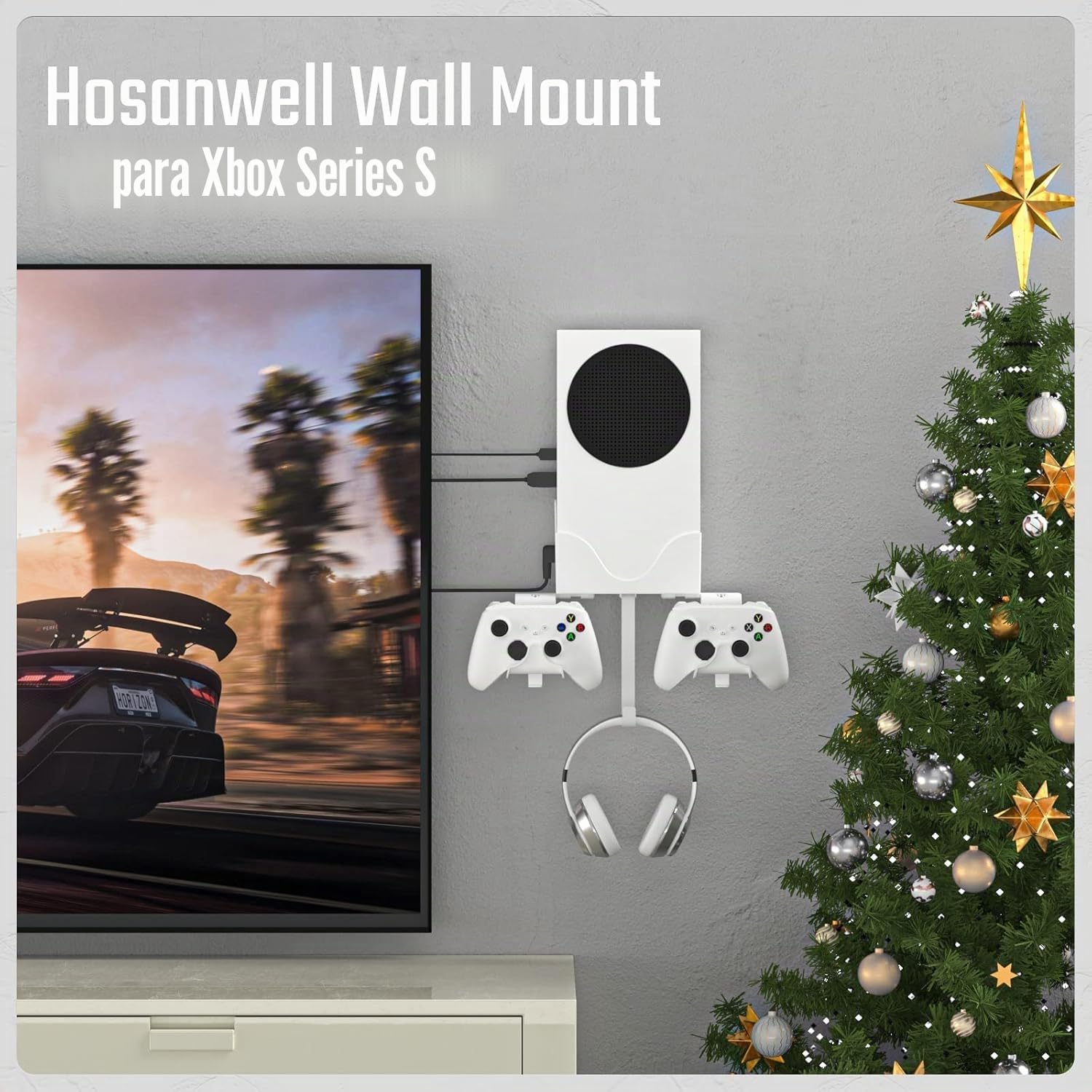 Hosanwell Soporte Pared para Xbox Series S, Montaje Pared para Consola, Controlador y Auriculares, Soporte Sólido con Tornillos y Orificio de Ventilación para una Fácil Instalación