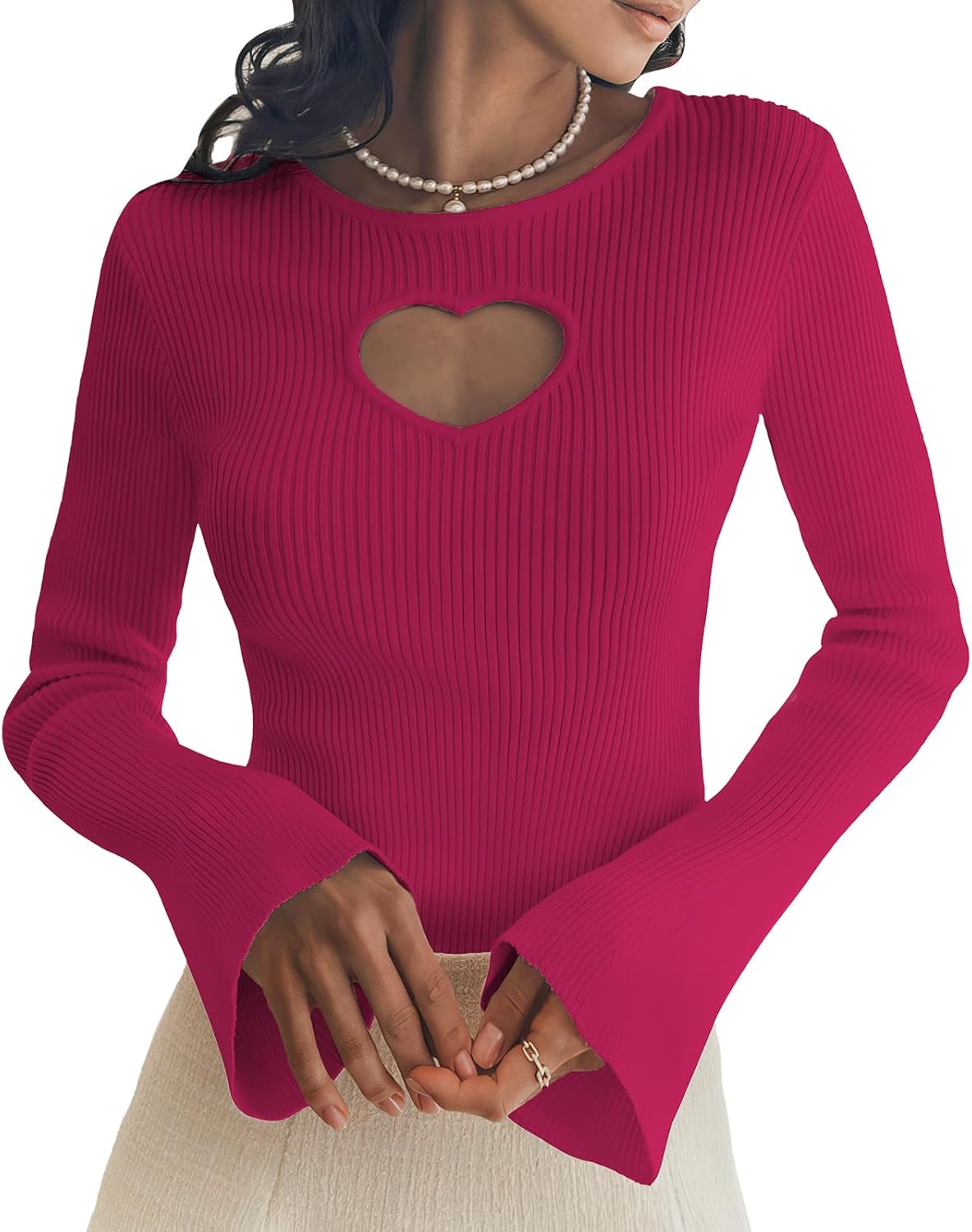 Women's Heart-Cutout Sweater - Body-Hugging Fit Stretchy Sexy Knit Top with Long Bell Sleeve,Round Neck Pullover