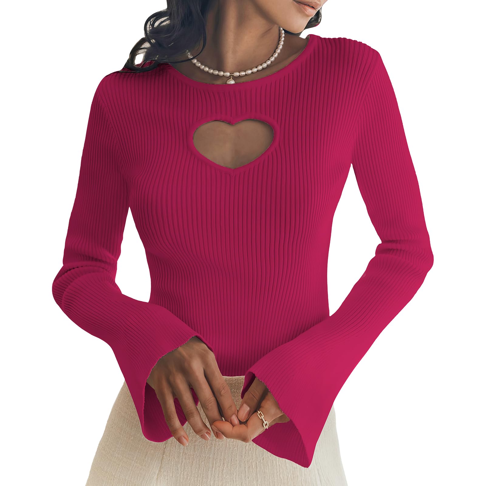 Womens Heart-Cutout Sweater - Body-Hugging Fit Stretchy Sexy Knit Top with Long Bell Sleeve Round Neck Pullover