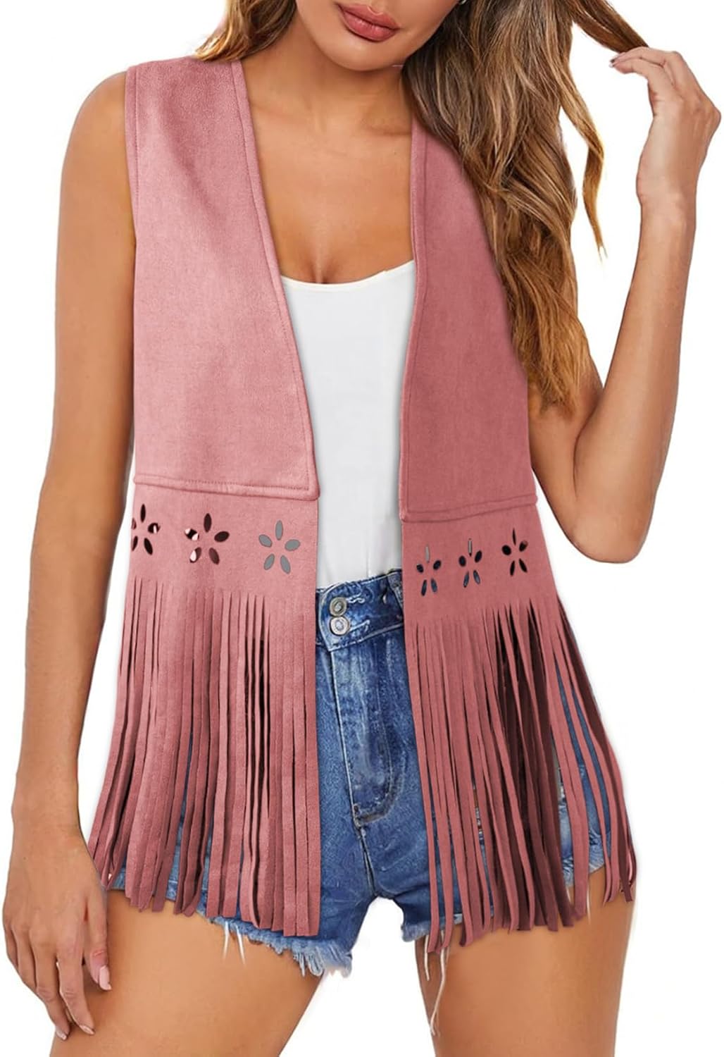 Dokotoo Womens Fringe Vest Cowgirl Western Outfits 70s Hippie Costume Sleeveless Hollow Out Faux Suede Tassel Outerwear