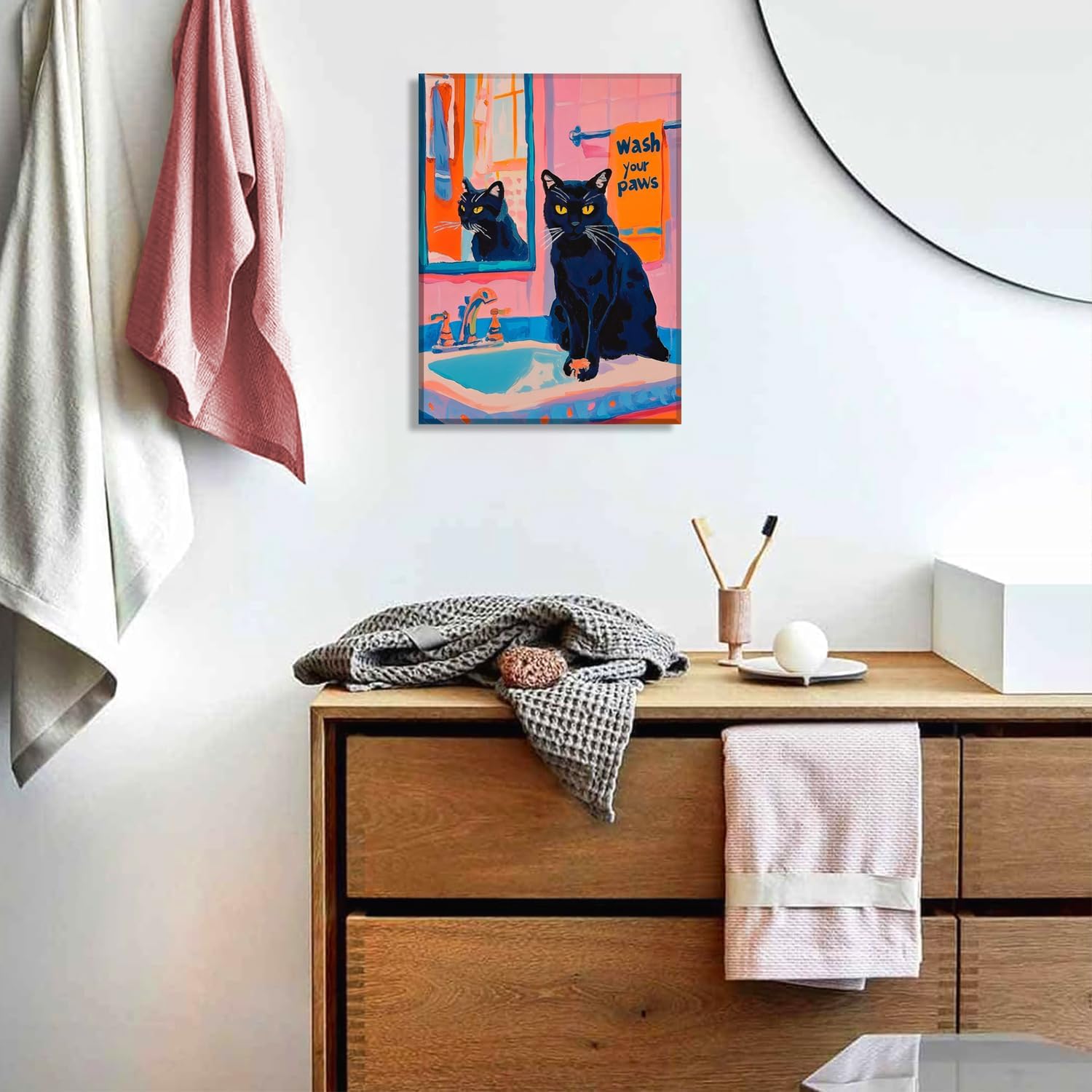Funny Bathroom Cat Wall Art Wash Your Paws Wall Decor Maximalist Trendy Pet Black Cat Canvas Painting Poster Prints Cute Playful Animal Bathroom Art Aesthetics Pictures Framed, NOT EXACTLY LIKE STOCK PHOTOS
