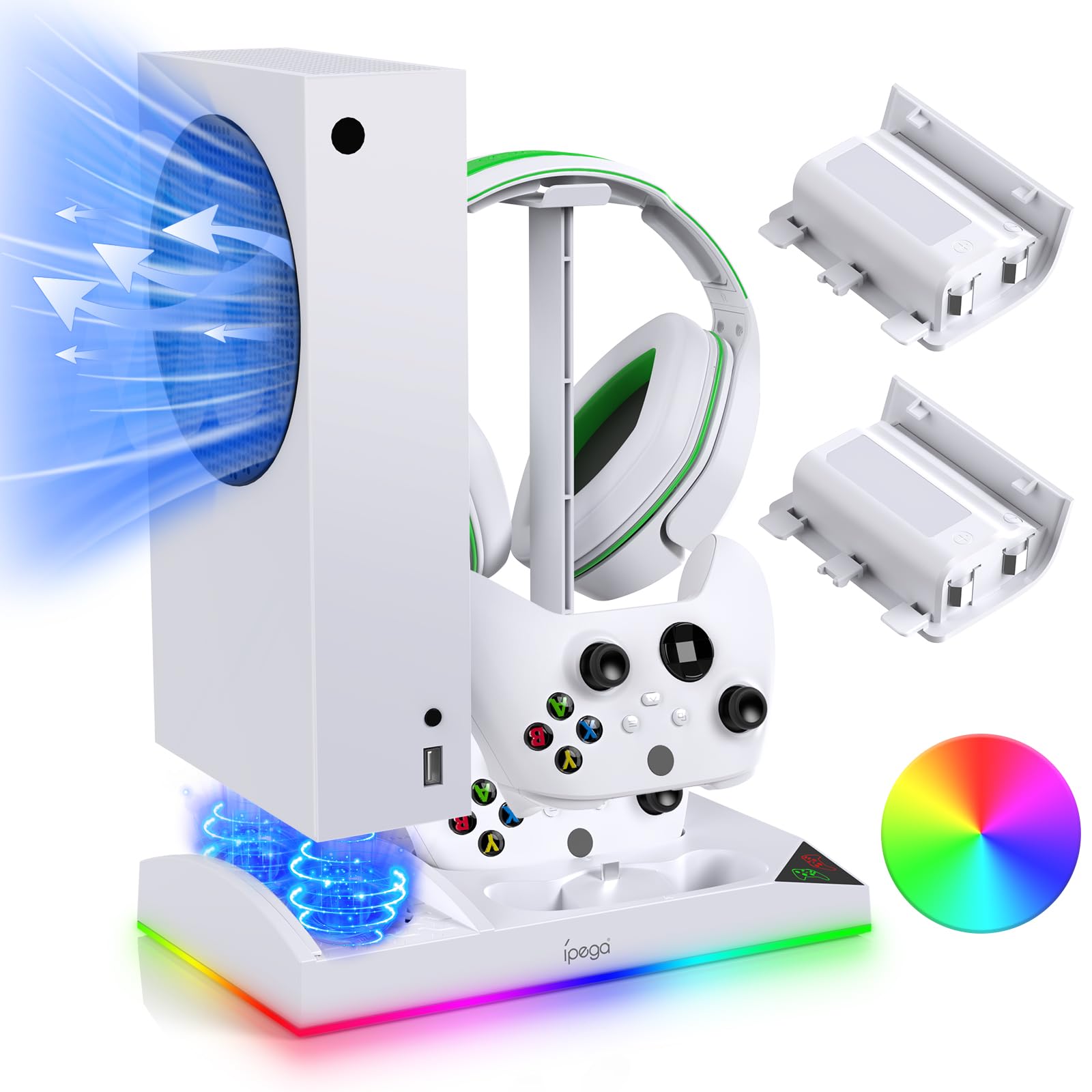 FYOUNG Upgrade - Supporto per ventola di raffreddamento RGB per console Xbox Series S con 15 luci colorate, Dual Controller stazione di ricarica per Xbox Series S, accessori con 2 batterie