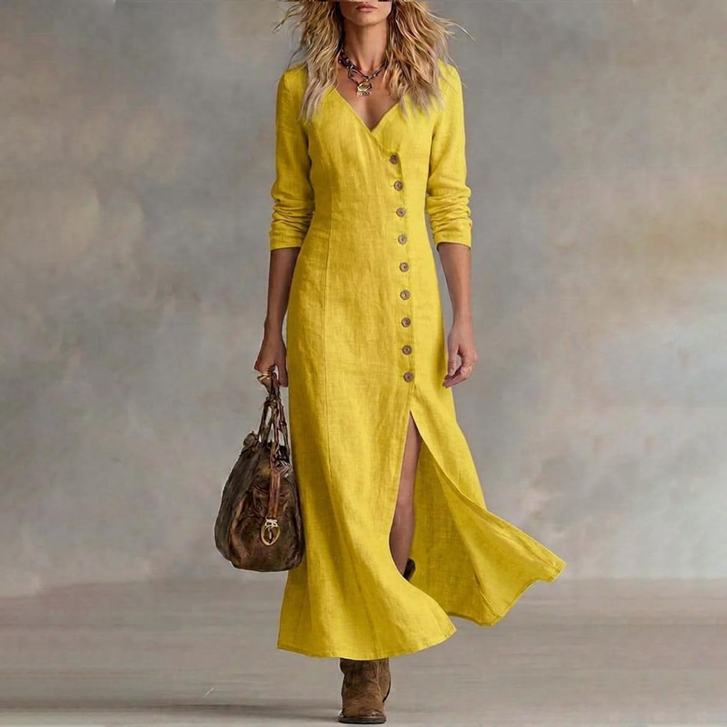 Womens Plus Size Button Down V Neck Maxi Dress Long Sleeve Side Slit Dresses 2026 Summer Casual Holiday Sundress