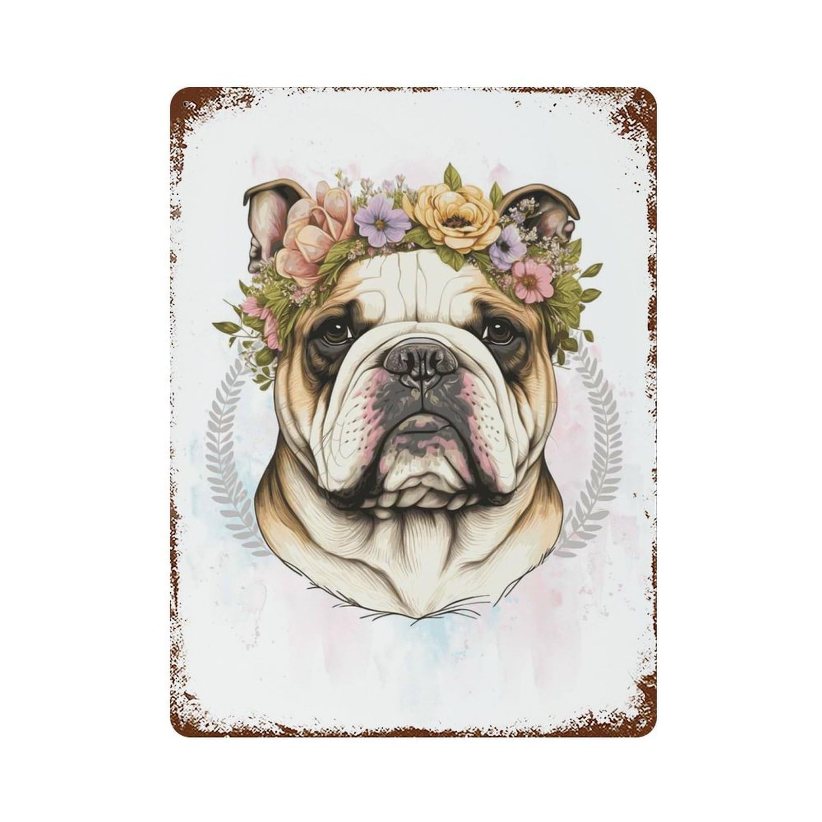 Floral Bulldog Painting Rustic Tin Plaque 15.7"x11.8", Rustic Home Decor for Office, Studio And Wall Decor