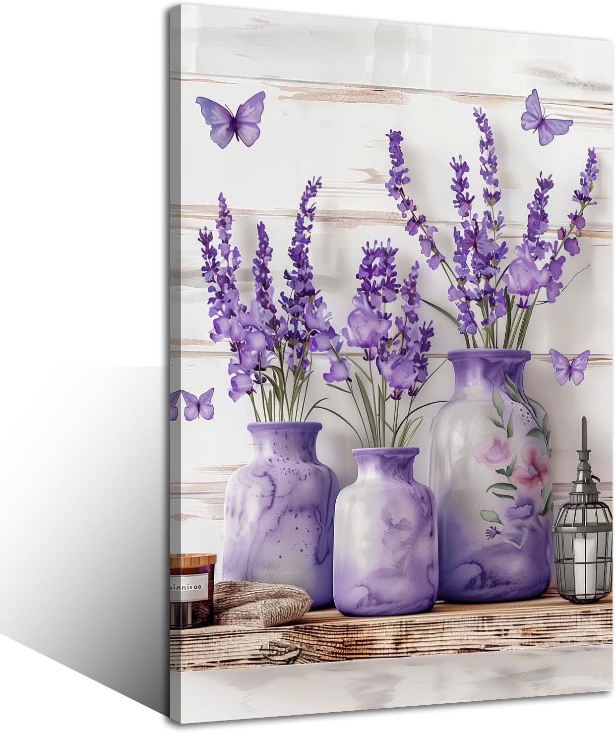 Lavender Wall Art Framed Farmhouse Purple Flowers Paintings Floral with Butterfly Picture Prints for Bedroom Decor（Floral-3,12x18inch (30x45cm)