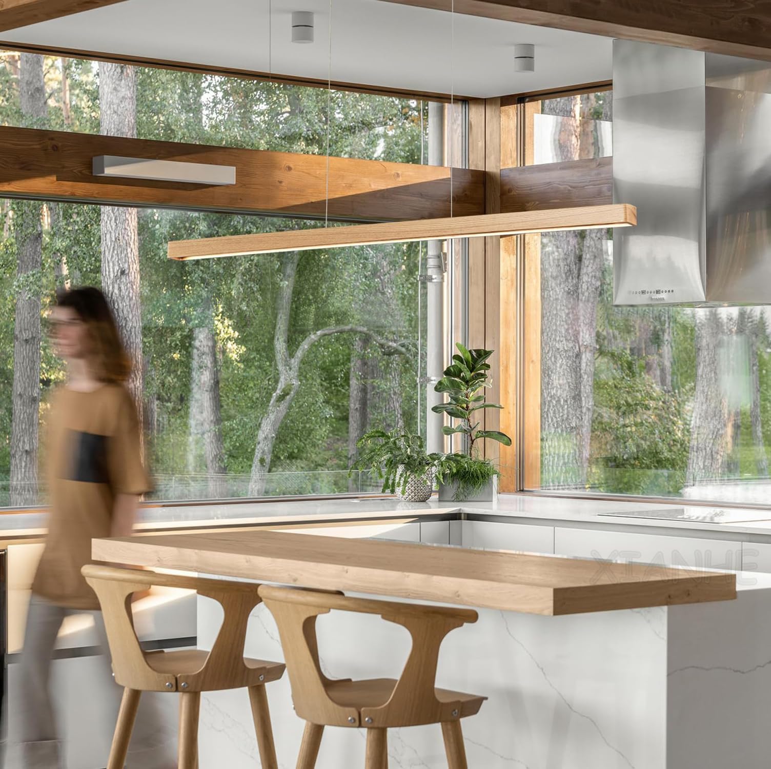 Mesa de Comedor LED Madera Lámpara Colgante Regulable con Control Remoto Luz de techo Cocina Isla Sala de Estar Oficina Lampara Colgantes Moderna Lineales Altura ajustable (Holz, L150cm)