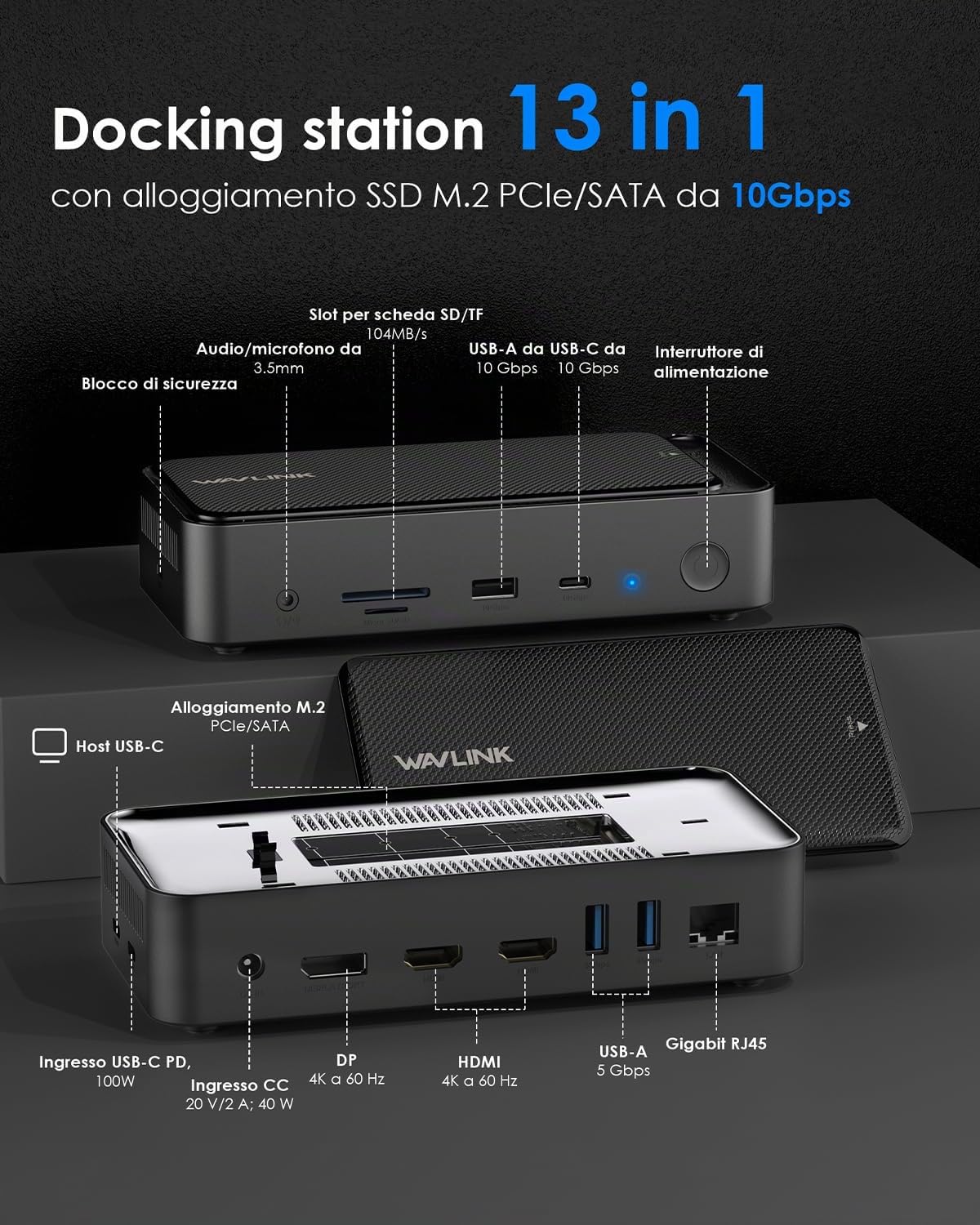 WAVLINK Docking station USB-C, Dock per Laptop 12-in-1 con Alloggiamento SSD M.2 PCIe/SATA, Triplo Display (3 * 4K a 60 Hz, 2 HDMI/1 DP), 100W PD, USB C/A, SD/TF, Gigabit per MacOS e Windows
