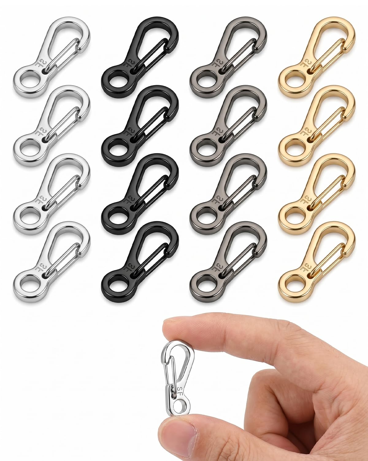 TISCH 16 Mini Moschettoni Piccoli S-Form 2.4cm Acciaio Inox per Portachiavi, Zaini, Fai da Te. 4 Colori (Argento, Nero, Antracite, Oro Pallido). Robusti e Versatili.