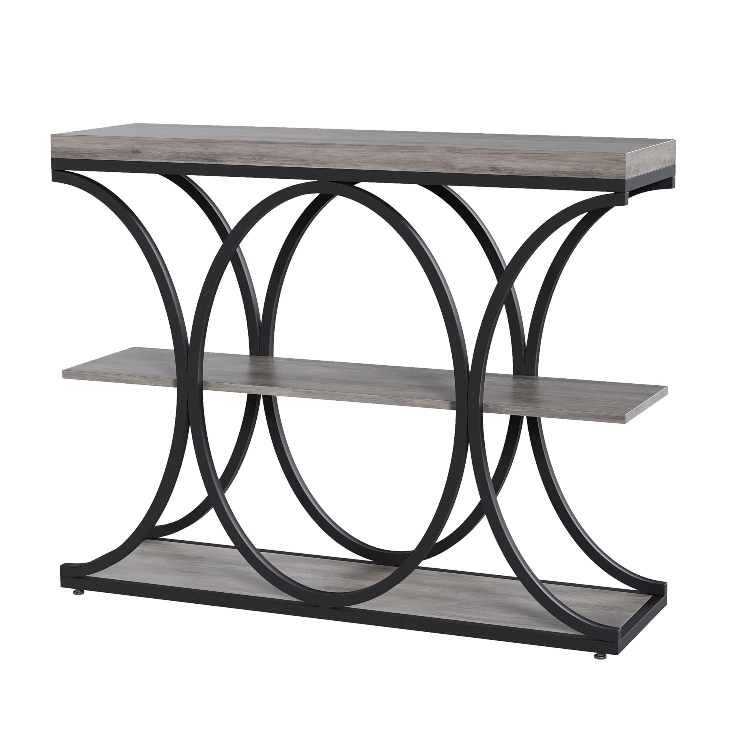 Console étroite 3 Niveaux, 39" (env. 99 cm), Style Farmhouse – Table d’entrée/Console derrière canapé – Étagères Ouvertes, Plateau Bois d’ingénierie, Pieds métal géométriques – Couleur :