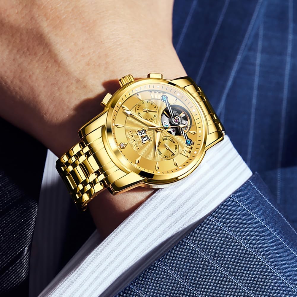 OLEVS Self Winding Watches for Men Automatic Mechanical Dress Tourbillon Stainless Steel Dual Calendar Waterproof Luminous Wrist Watch - Image 5