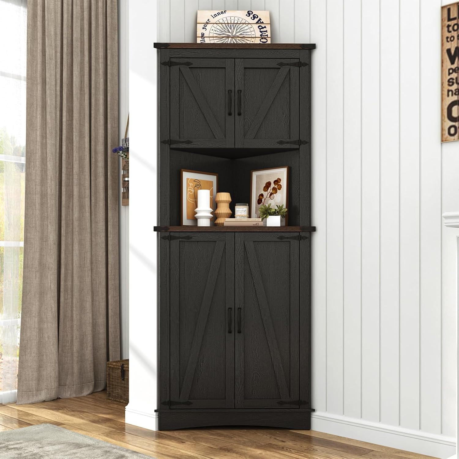 68" Tall Farmhouse Corner Cabinet, 5-Tier Large Storage Cabinet with 4 Barn Doors & Adjustable Shelves, Bathroom Cabinets with Storage for Living Room, Kitchen, Bathroom, Black