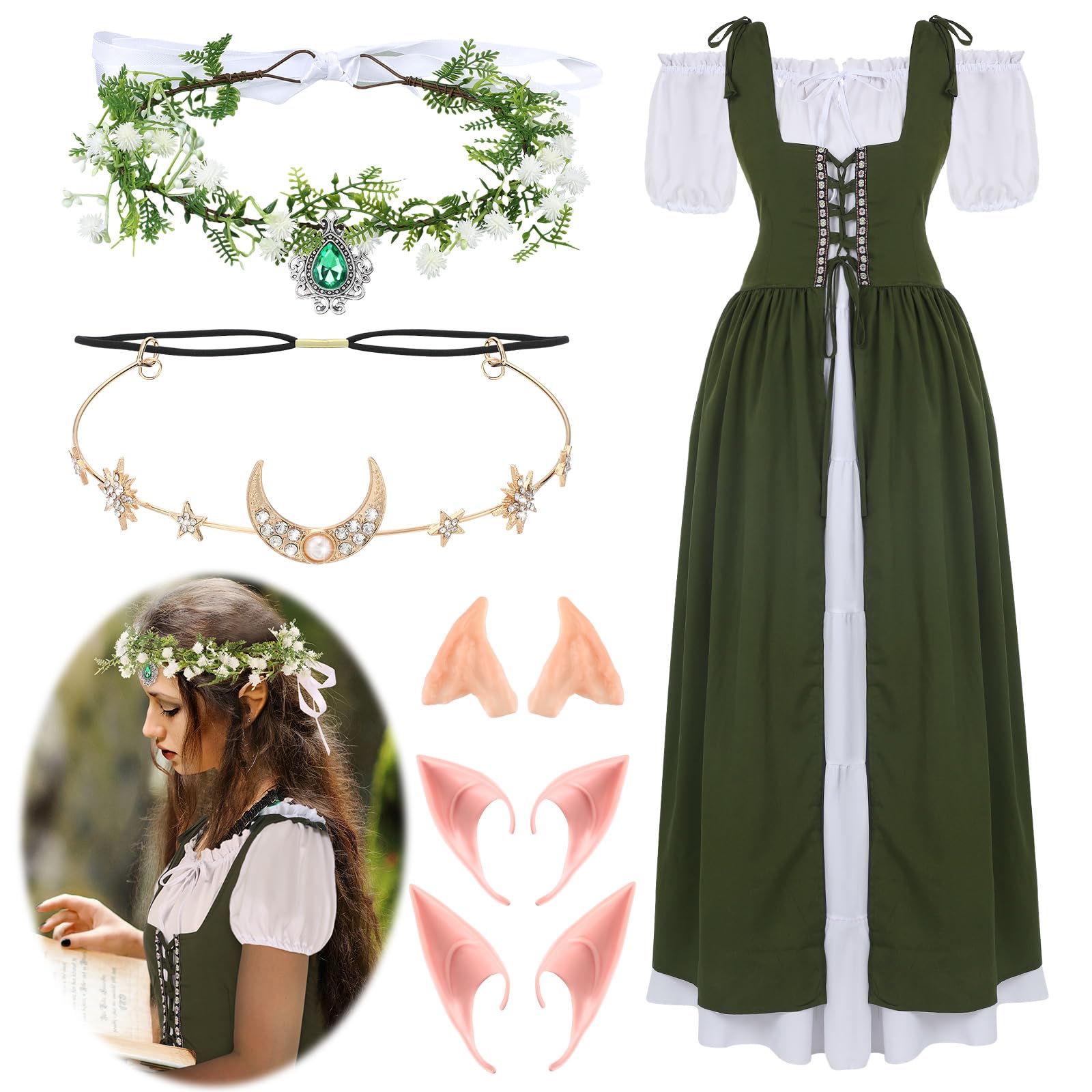 Bonuci Women Renaissance Dress Medieval Costume Women with Elf Ears, Moon Head Chain and Woodland Fairy Crown for Carnival