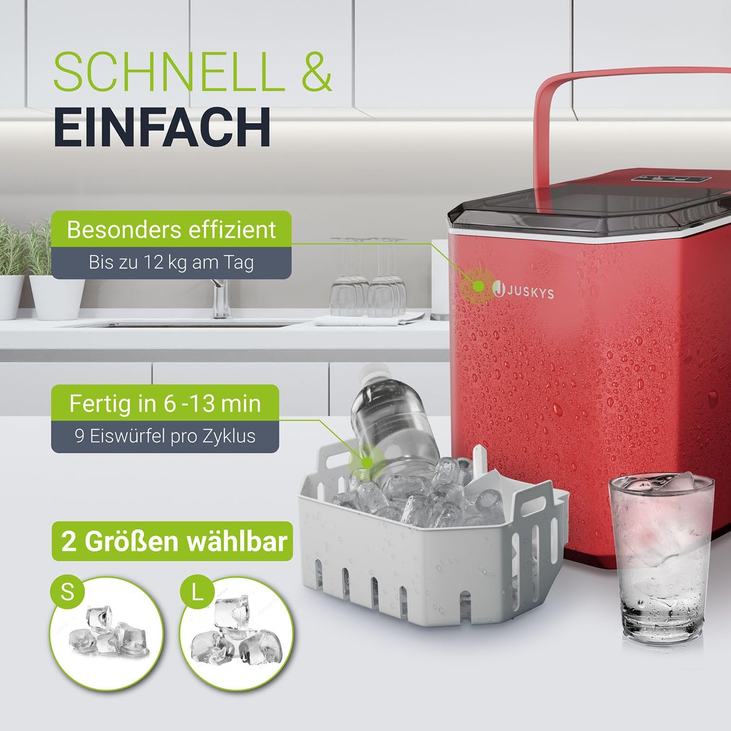Juskys Eiswürfelmaschine klein mit Eiswürfelbehälter Rot 6-13 min 12 kg/Tag Ice Cube Maker