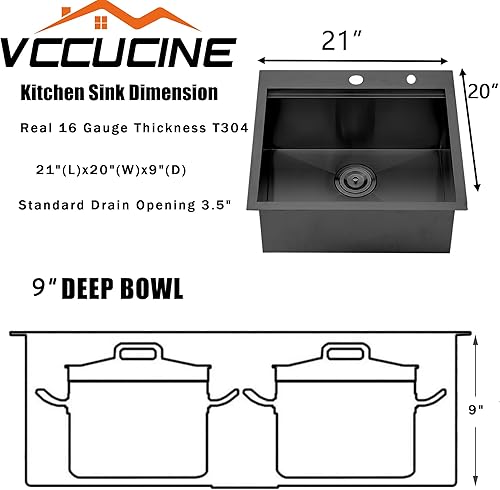Miniatura 5 de VCCUCINE - Fregadero de cocina de 21 x 20 pulgadas, fregadero de cocina pequeño de acero inoxidable calibre 16, cuenco individual para exteriores,