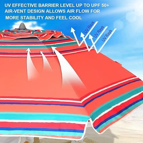 Miniatura 9 de AMMSUN Sombrilla de playa resistente de 7 pies con anclaje de arena y refugio solar inclinable, protección UV 50+, paraguas y sombrillas para