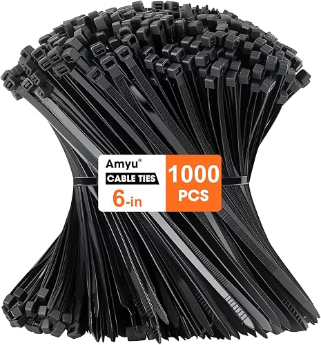 Amyu 6-Inch Black Cable Ties (1000 Pack) - 40lbs Self-Locking Nylon Zip Ties 150mm, Small Nylon Plastics Tie Wraps UV-Resistant for Indoor/Outdoor Use in Home, Office, Garden, Workshop