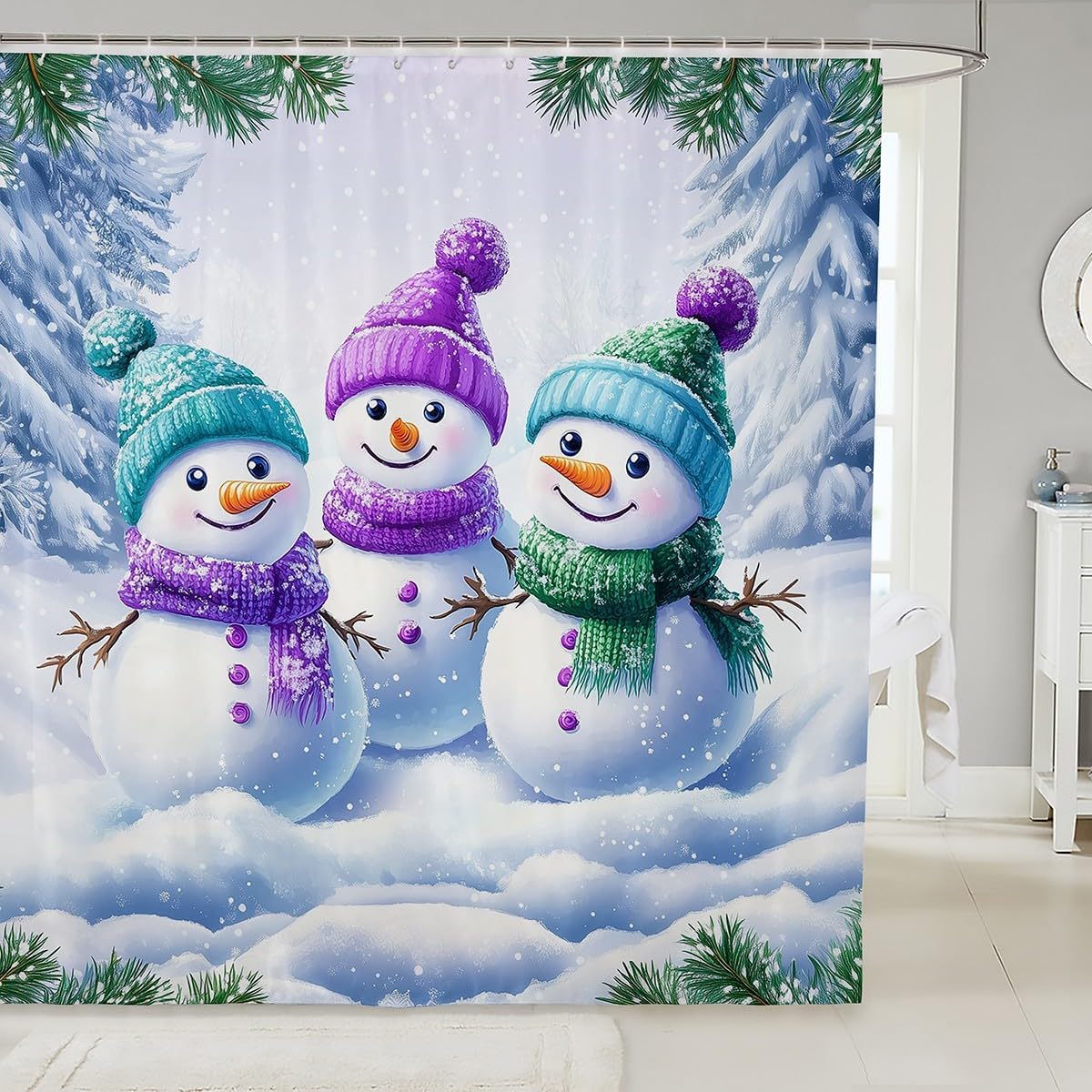 Xmas Kawaii Cat Bathroom Curtain,Merry Christmas Shower Curtain for Kids Boys Girls Bathroom Decor,Fireplace Christmas Tree Waterproof Curtain,Pet Animal Happy New Year Bath Curtain,12 Hooks,72"Wx78"L image 5
