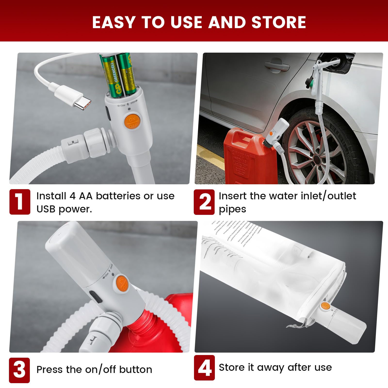 Bomba de Transferencia de Combustible 2.8 GPM con Parada Automática – Alimentación Dual USB-C/Pilas AA, Manguera Telescópica 51 Pulgadas – Portátil para Gasolina, Diésel Y Aceite