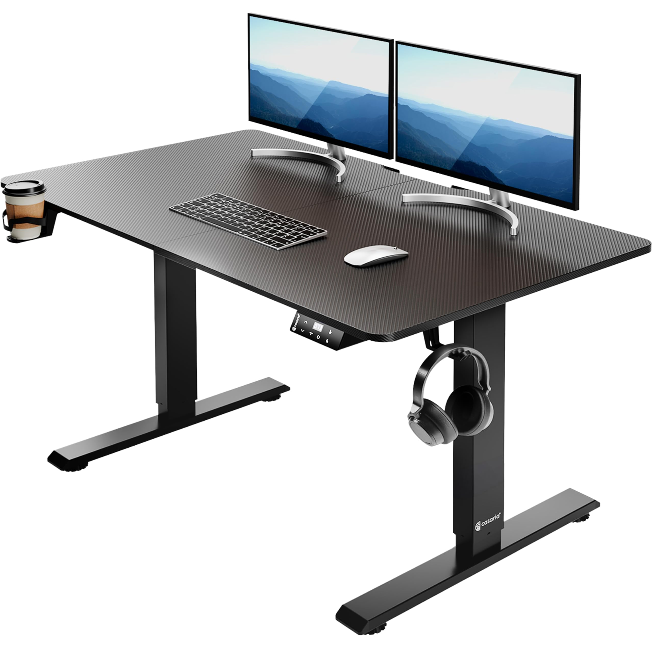 CASARIA CASARIA® Carbon Fibre Look Motorised Sit Stand Desk | Height Adjustable 73-118cm | 110x60cm Deskop LCD Display Standing Home Office Gaming Computer Table | Headset, Drink Holder
