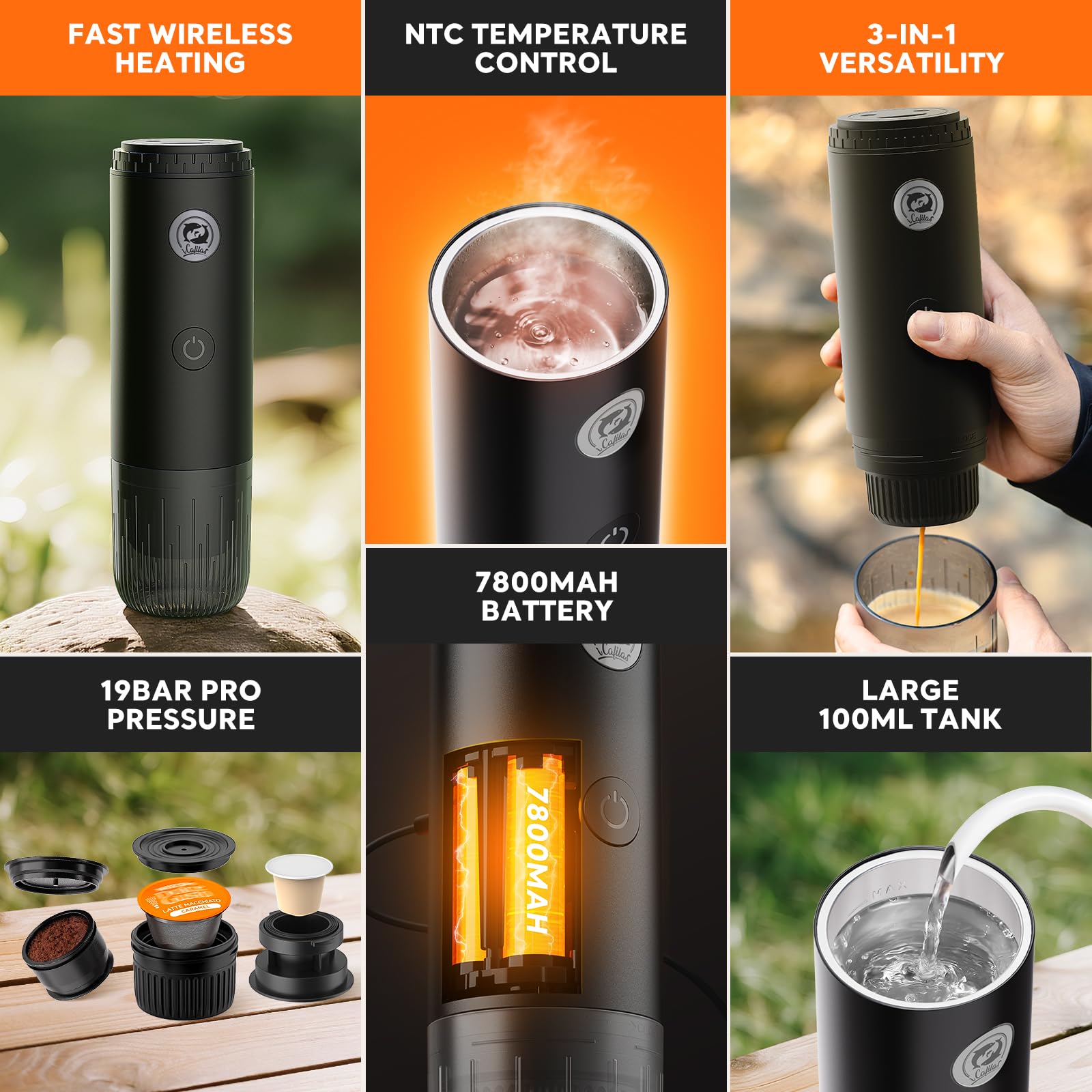 Cafetera espresso portátil con autocalentamiento, cafetera eléctrica de viaje de 19 bares para campamento y coche, mini máquina de espresso 2 en 1 compatible con cápsulas Nespresso y café molido