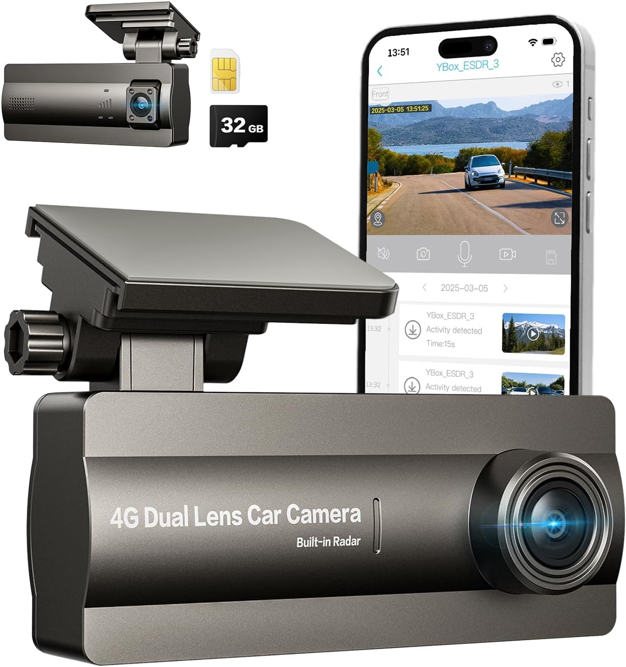 Dual Dash Cam Front Inside, Dual FHD Live-View and Instant Alerts via APP, Cellular Car Camera with 24/7 Parking Mode, IR Night Vision, No Screen, AI Detection dashcam for Cars, GPS