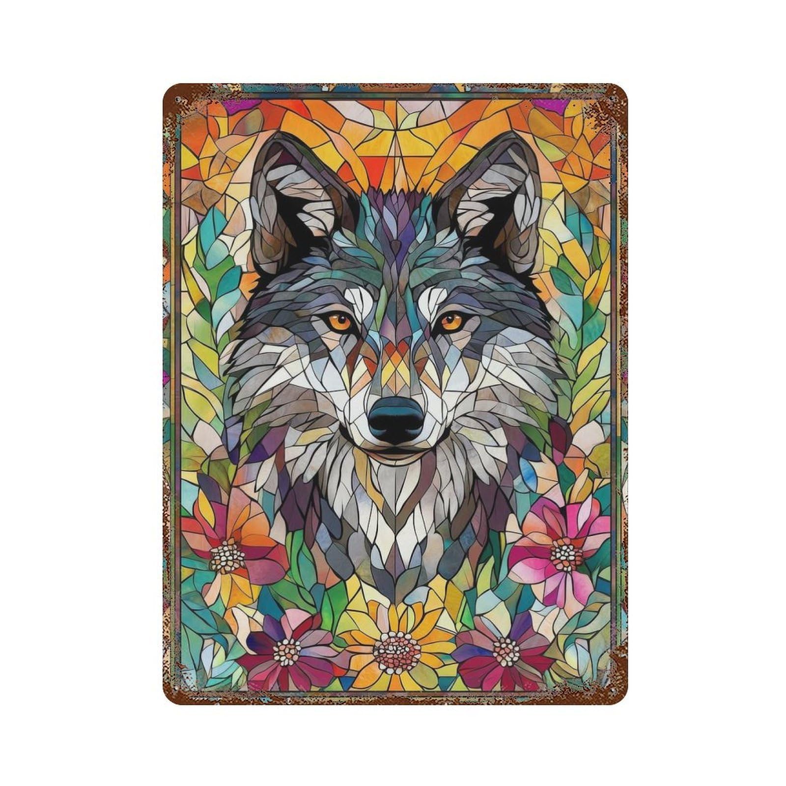 Wolf in Flowers Mosaic Decorative Tin Sign 15.7"x11.8", for Bistro, Counter And Cafe Decor, Classic Wall Plaque