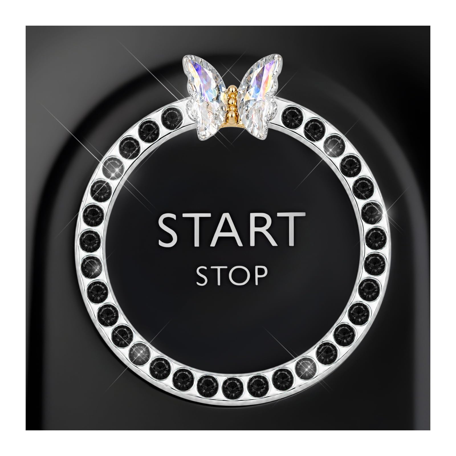 DXNQ Bling Ring Emblem, Sparkling Butterfly Car Buttons and Knobs Ring, Girly Butterfly Diamond Car Engine Start Button Cover, Key Ignition Knob Rings Decoration for Women (Black, Single Row)