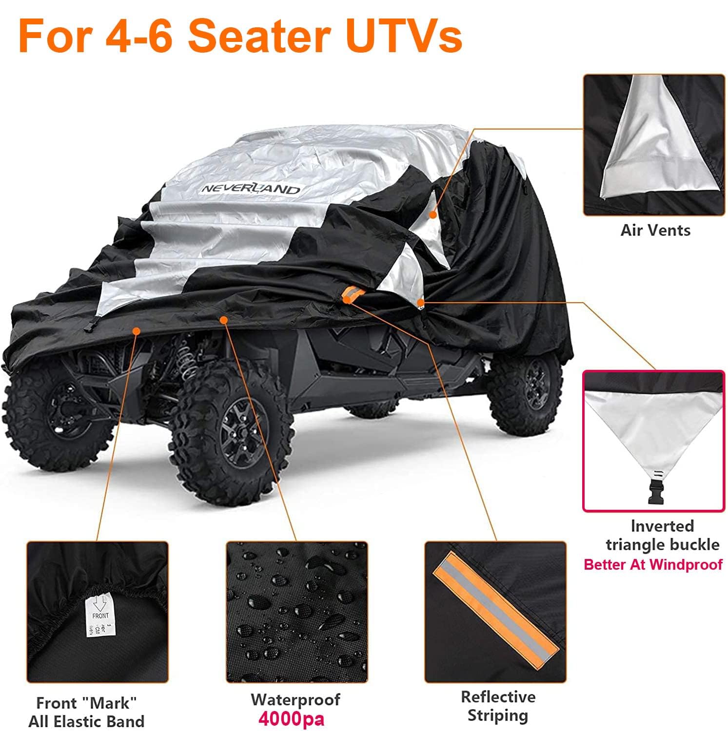 Neverland UTV Abdeckung Heavy Duty – Wasserdicht, Für 4-6 Sitzer & 4-Türer (Polaris RZR, Can-Am, Yamaha), Mit Reflektierendem Streifen